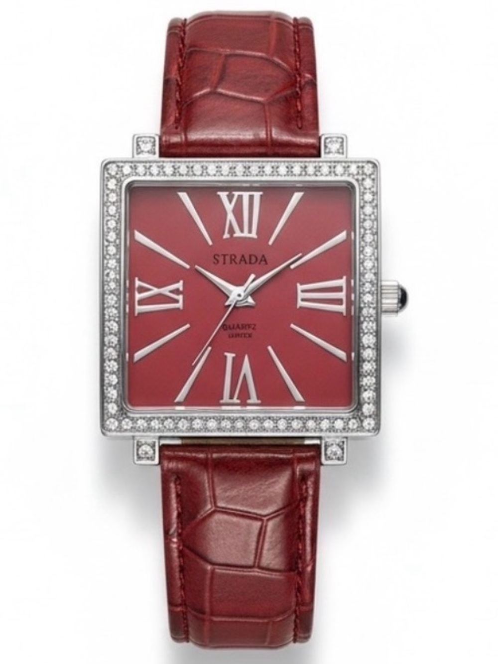 Red Crystal Bezel Square Watch Roman Numeral Faux Leather Strap NIB